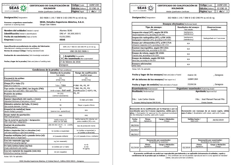 Certificado de Homologación de Soldador